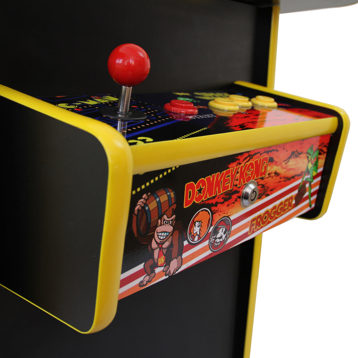 Table cocktail style borne d'arcade avec un design rétro, boutons colorés rouge et jaune, et illustrations de jeux classiques comme Donkey Kong et Frogger
