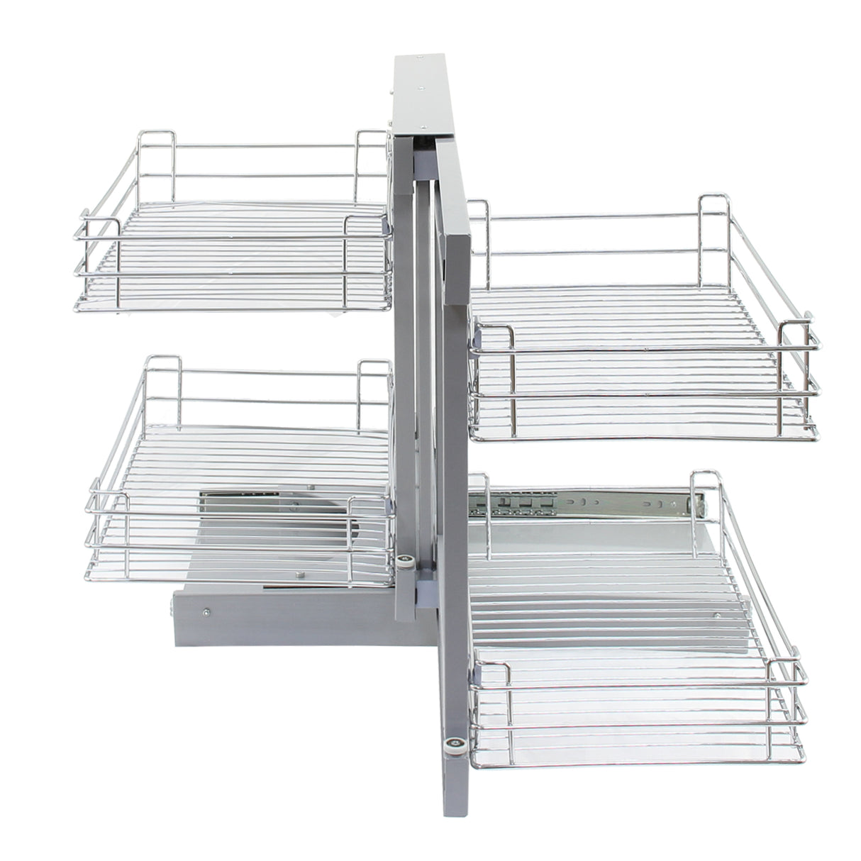 Paniers coulissants métalliques d'angle, finition chromée, quatre niveaux, design pratique pour un rangement optimisé dans les coins