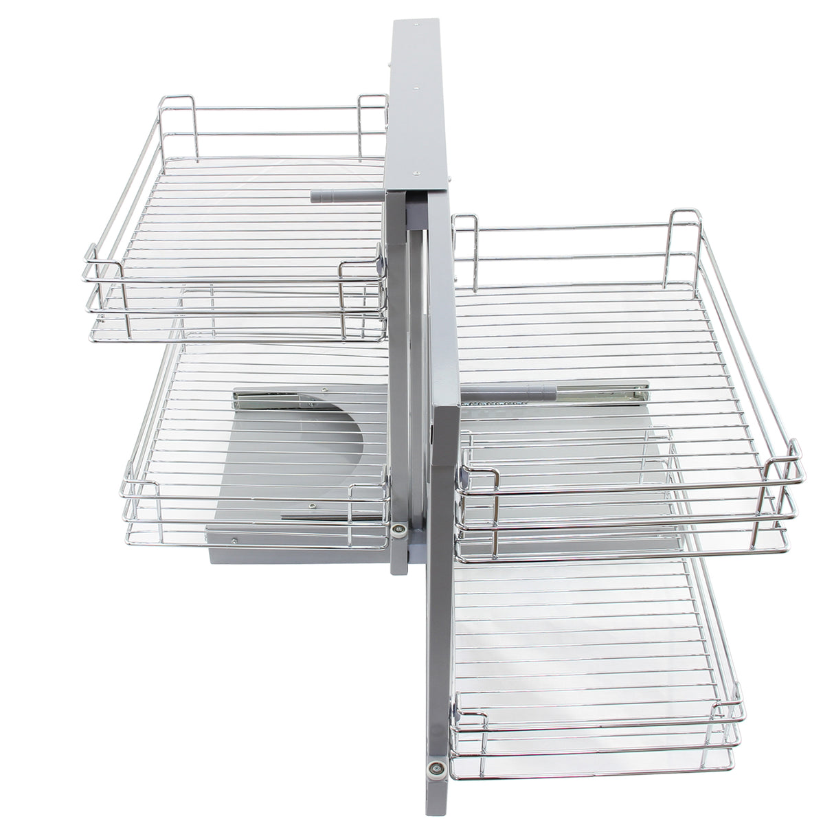 Paniers coulissants métalliques d’angle en gris, avec des fils fins et une finition lisse, offrant un rangement pratique et accessible