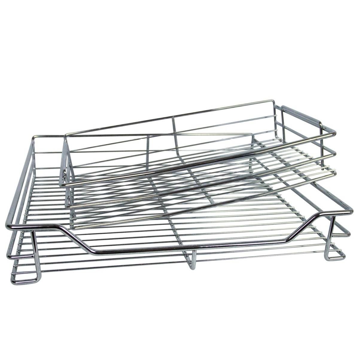 Paniers coulissants métalliques d’angle, finition chromée brillante, design pratique à plusieurs niveaux pour un rangement optimisé