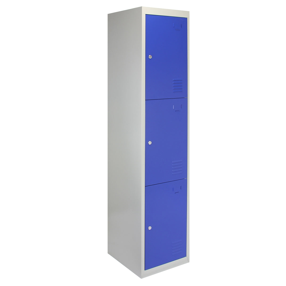 Casier de rangement en acier avec trois portes bleues, finition lisse, design moderne et élégant, idéal pour un usage scolaire ou professionnel