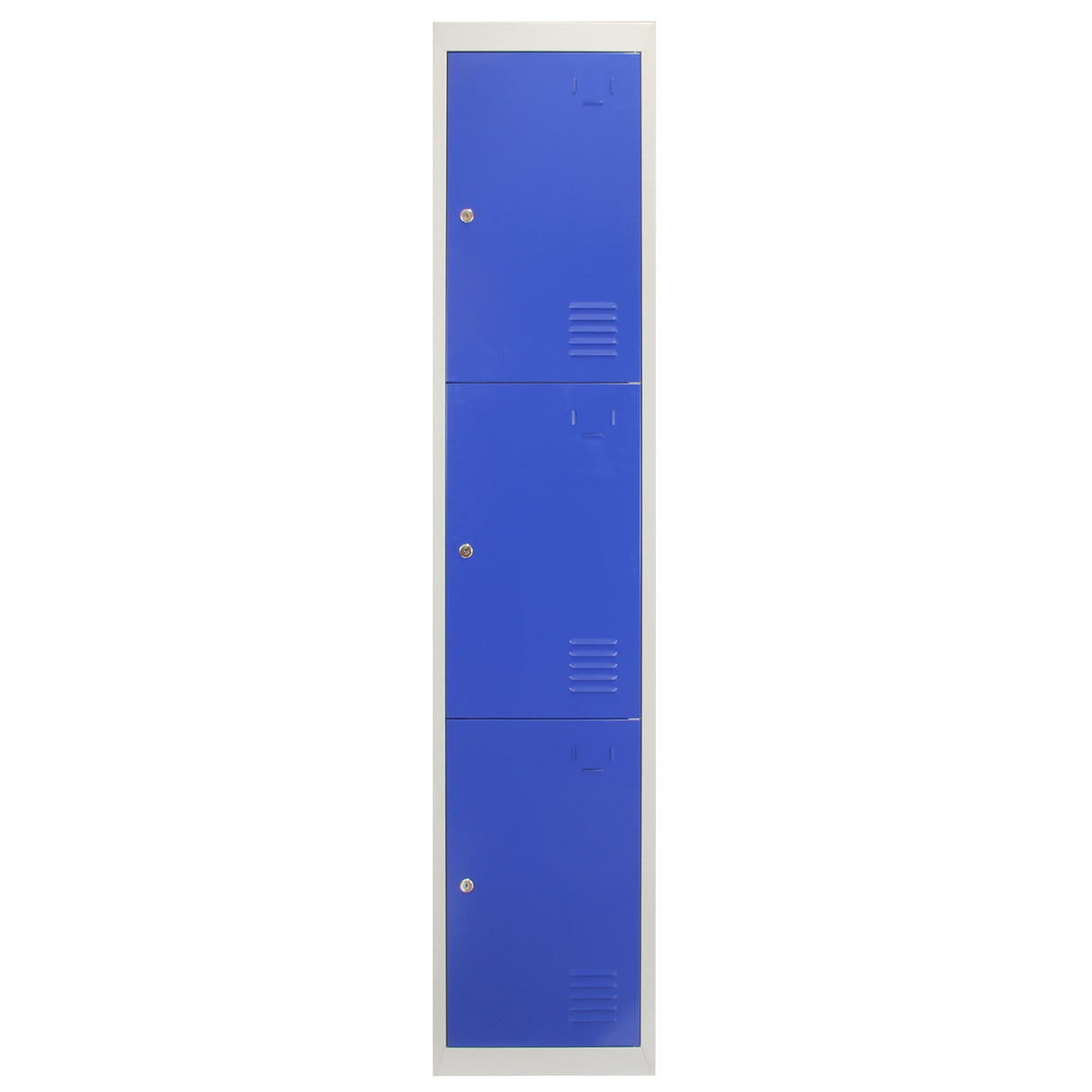 Casier de rangement en acier bleu avec trois portes, finition lisse, design vertical, idéal pour le stockage organisé et sécurisé