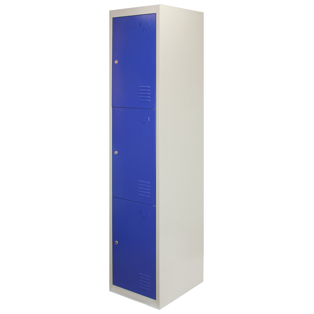 Casier de rangement en acier avec trois portes bleues, finition lisse, design vertical, idéal pour le stockage sécurisé et organisé