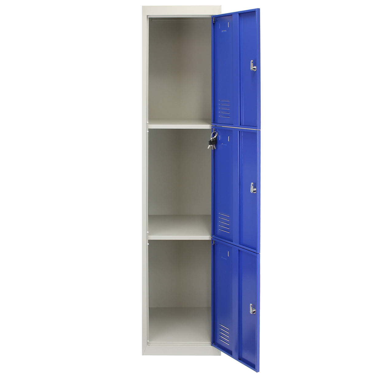 Casier de rangement en acier bleu avec trois portes, intérieur gris clair, finition lisse et moderne, idéal pour le stockage organisé