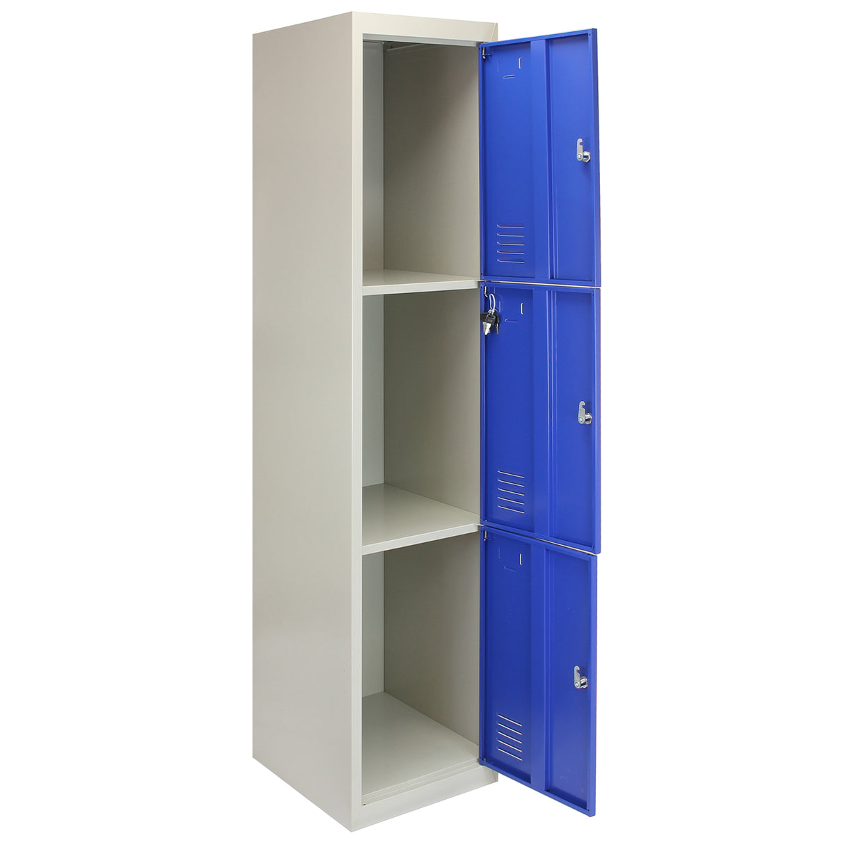 Casier de rangement en acier bleu avec trois portes, finition lisse, compartiments spacieux et serrure pour sécurité