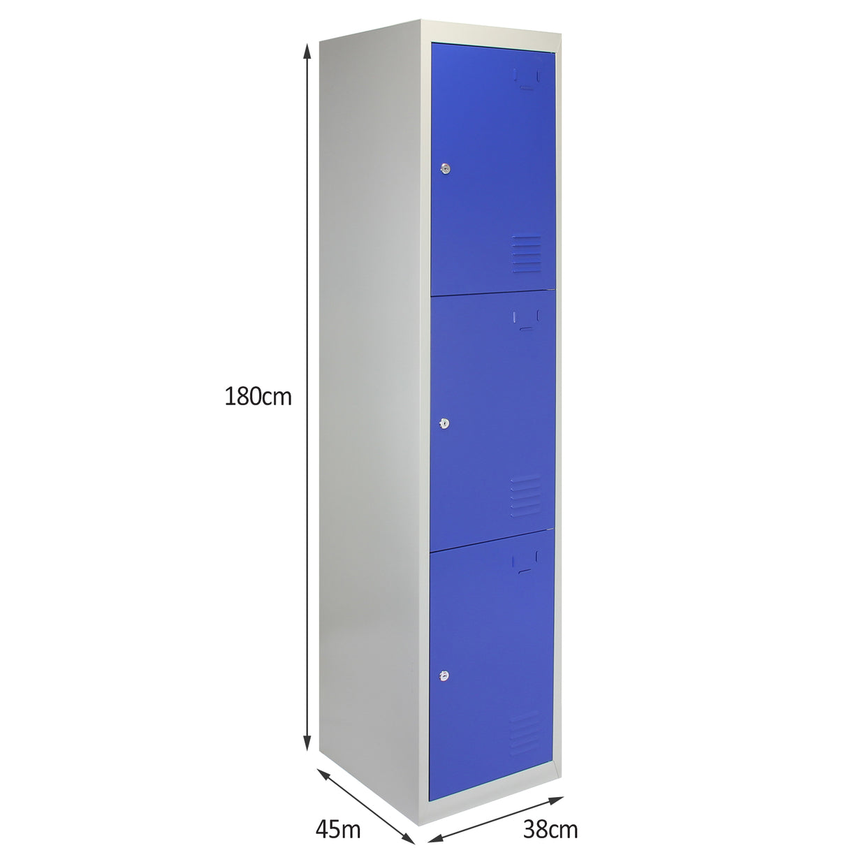 Casier de rangement en acier bleu avec trois portes, dimensions 180 cm de hauteur, 45 cm de largeur et 38 cm de profondeur, finition lisse et moderne