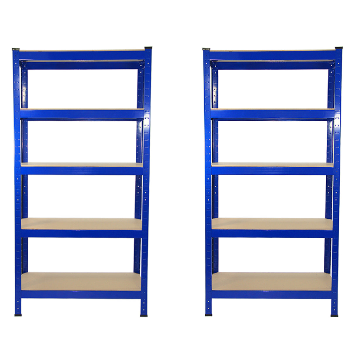 Rayonnages T-Rax en acier bleu, dimensions 75cm x 30cm x 150cm, avec quatre étagères en bois clair, offrant une grande capacité de rangement