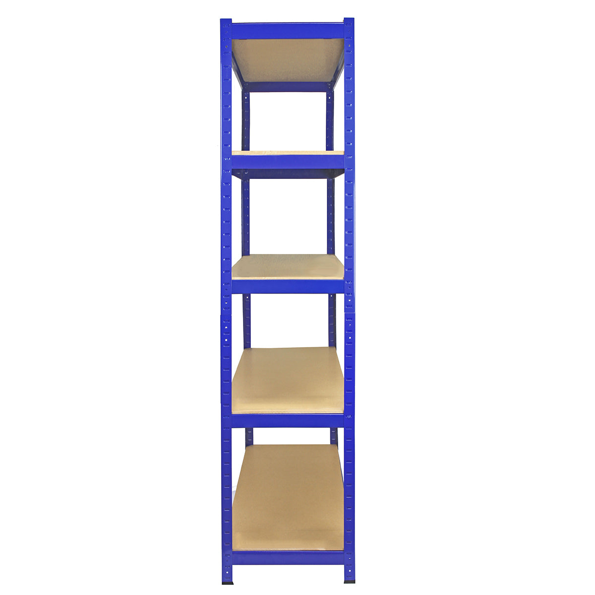 Rayonnage T-Rax en acier bleu, 5 étagères, dimensions 75cm x 30cm x 150cm, surface beige, robuste et idéal pour le rangement