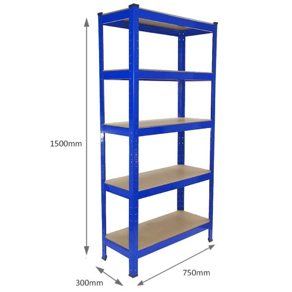 Rayonnage T-Rax en acier bleu, dimensions 75 cm x 30 cm x 150 cm, avec cinq étagères en bois, conçu pour le rangement robuste et efficace