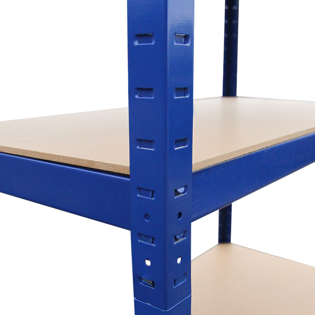 Rayonnage en acier bleu avec étagères en bois, dimensions 75cm x 30cm x 150cm, conçu pour un rangement robuste et efficace