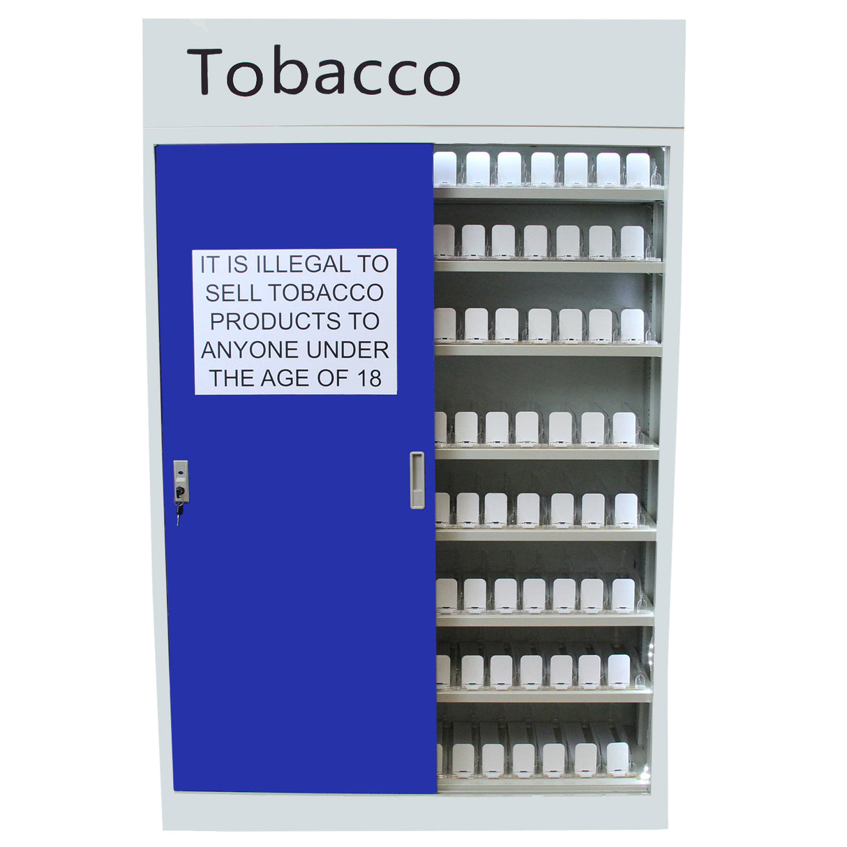 Présentoir de cigarettes en métal gris avec porte bleue, contenant des paquets de cigarettes alignés sur des étagères