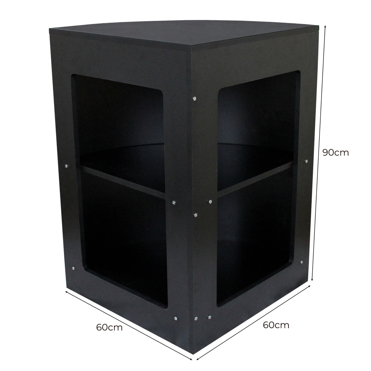Comptoir de vente en bois noir avec deux étagères ouvertes, forme angulaire, dimensions 60 cm de large et 90 cm de haut