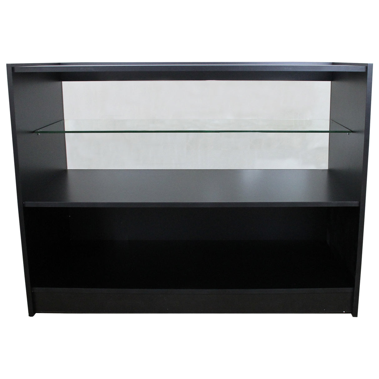 Comptoir de vente noir Gemini avec étagère en verre, finition lisse, design moderne et espace de rangement pratique en dessous