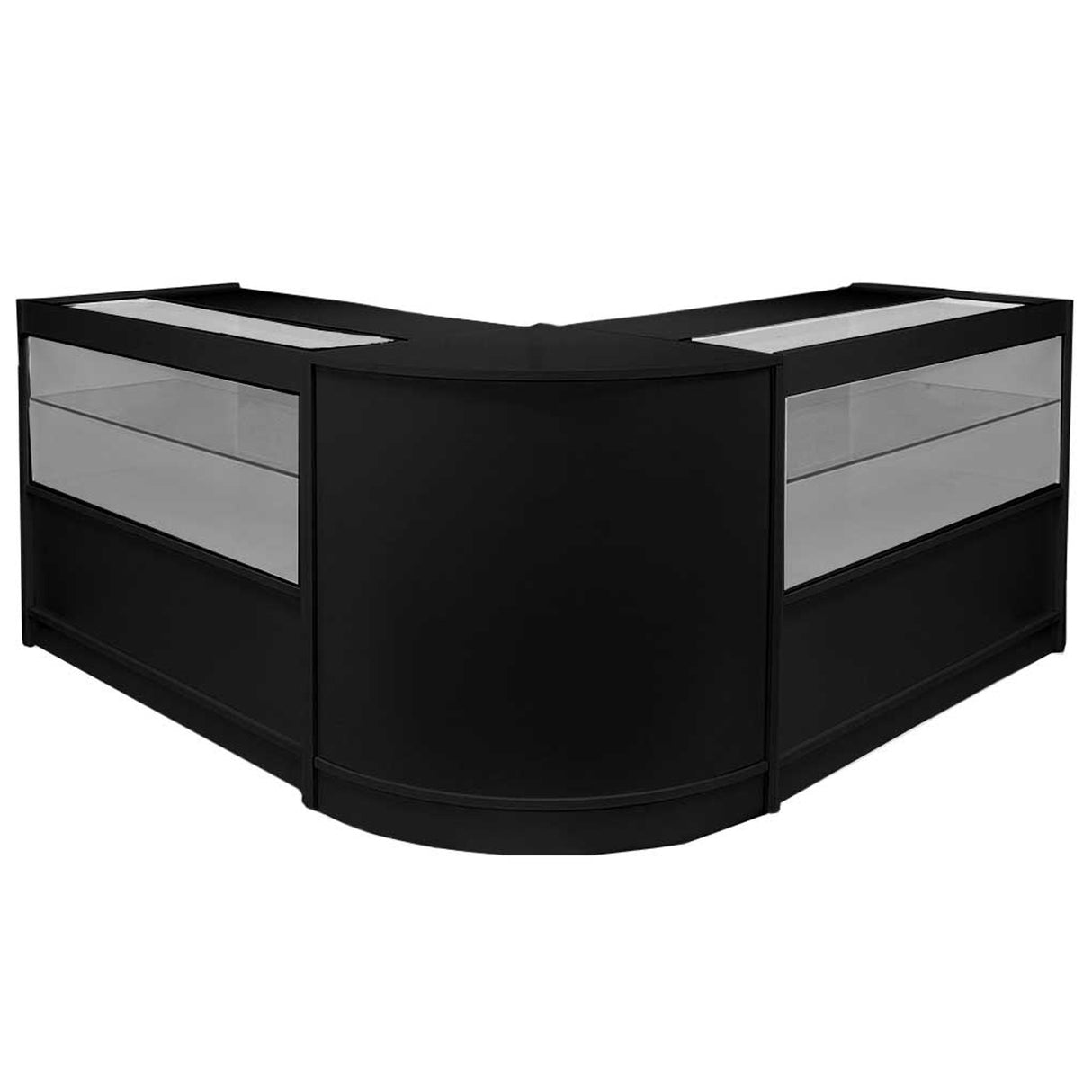 Ensemble de comptoirs de vente Gemini en noir, avec surfaces vitrées et finitions lisses, offrant un design moderne et élégant