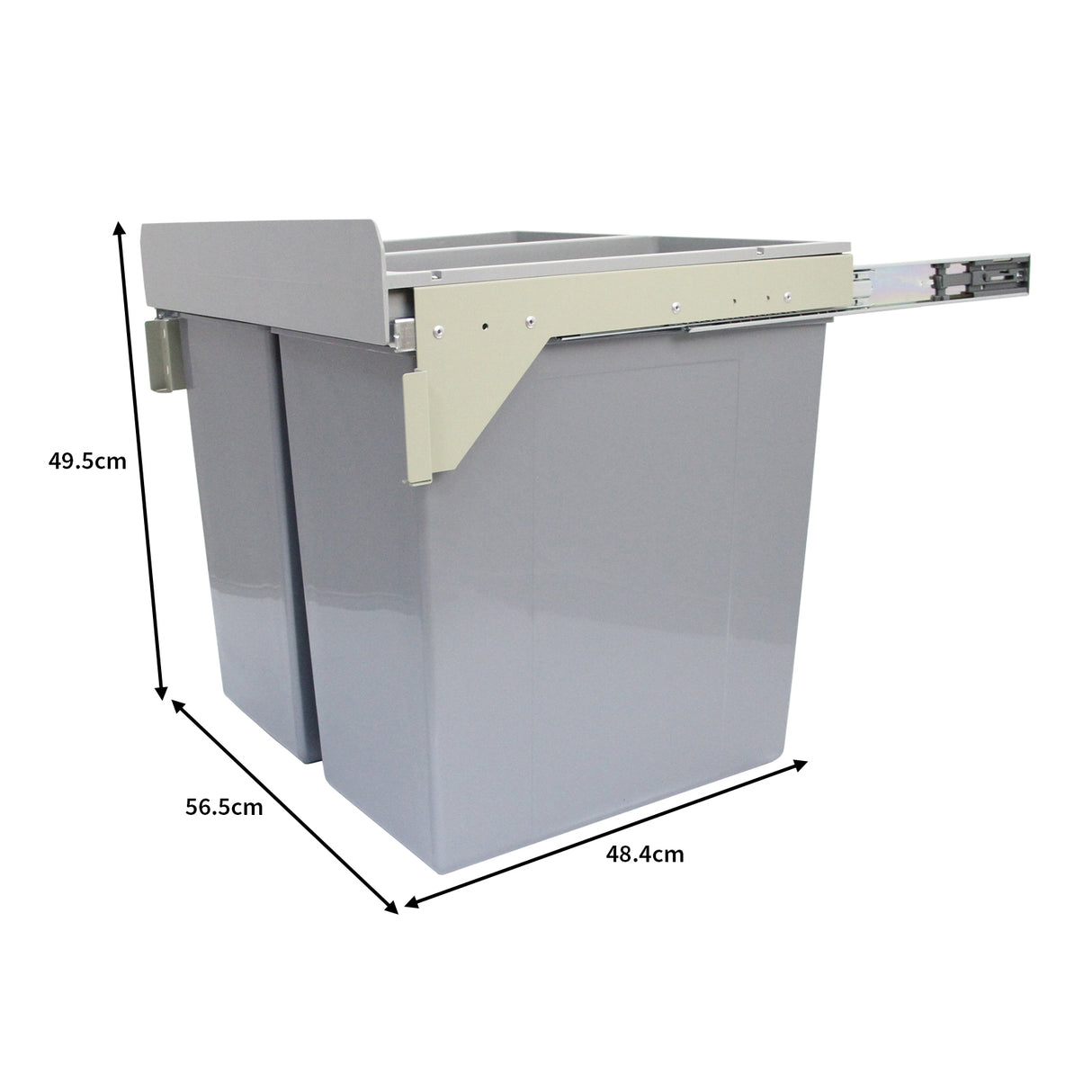 Poubelle incastrable KuKoo de 90 L, en plastique gris, avec dimensions de 56,5 cm de large et 49,5 cm de haut, design moderne et fonctionnel