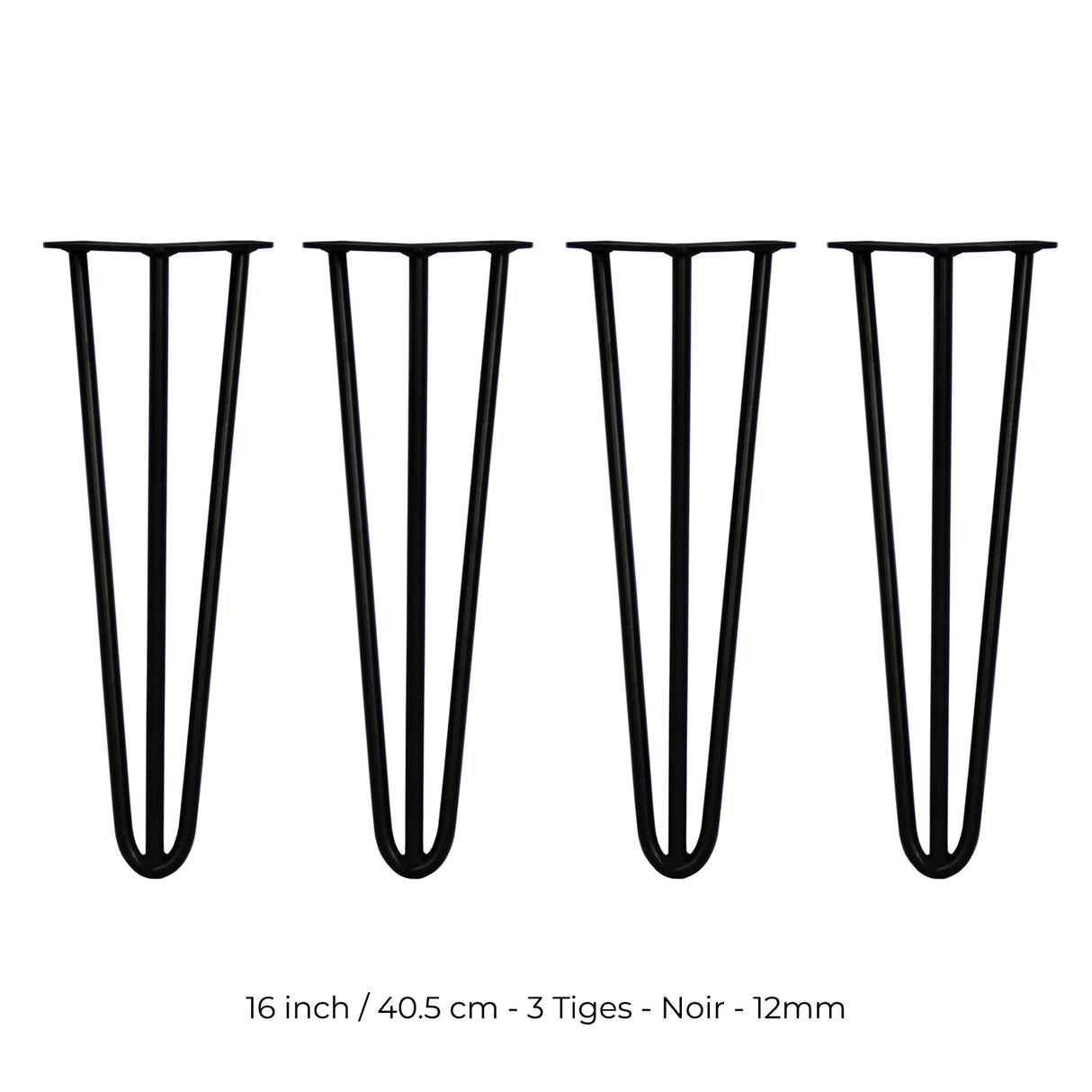 4 Pieds de Table en Épingle à Cheveux - 40,6cm - 3 Tiges - 12mm – Fini Noir