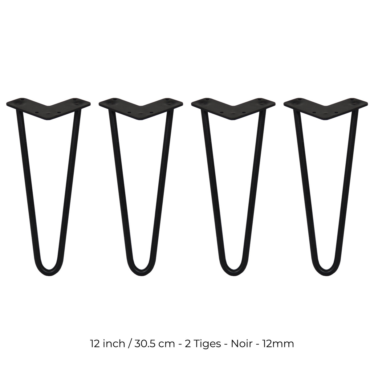 4 Pieds de Table en Épingle à Cheveux - 30,5cm - 2 Tiges - 12mm – Fini Noir