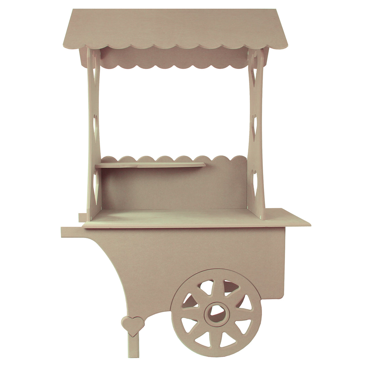 Chariot présentoir de bonbons en bois clair, avec un toit en forme de auvent, une étagère et des roues décoratives en forme de cœur