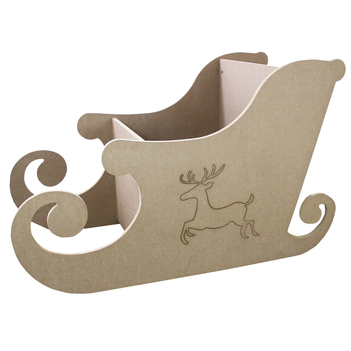 Traîneau du Père Noël en MDF naturel, avec des courbes élégantes et un motif de renne gravé, idéal pour la décoration personnalisée