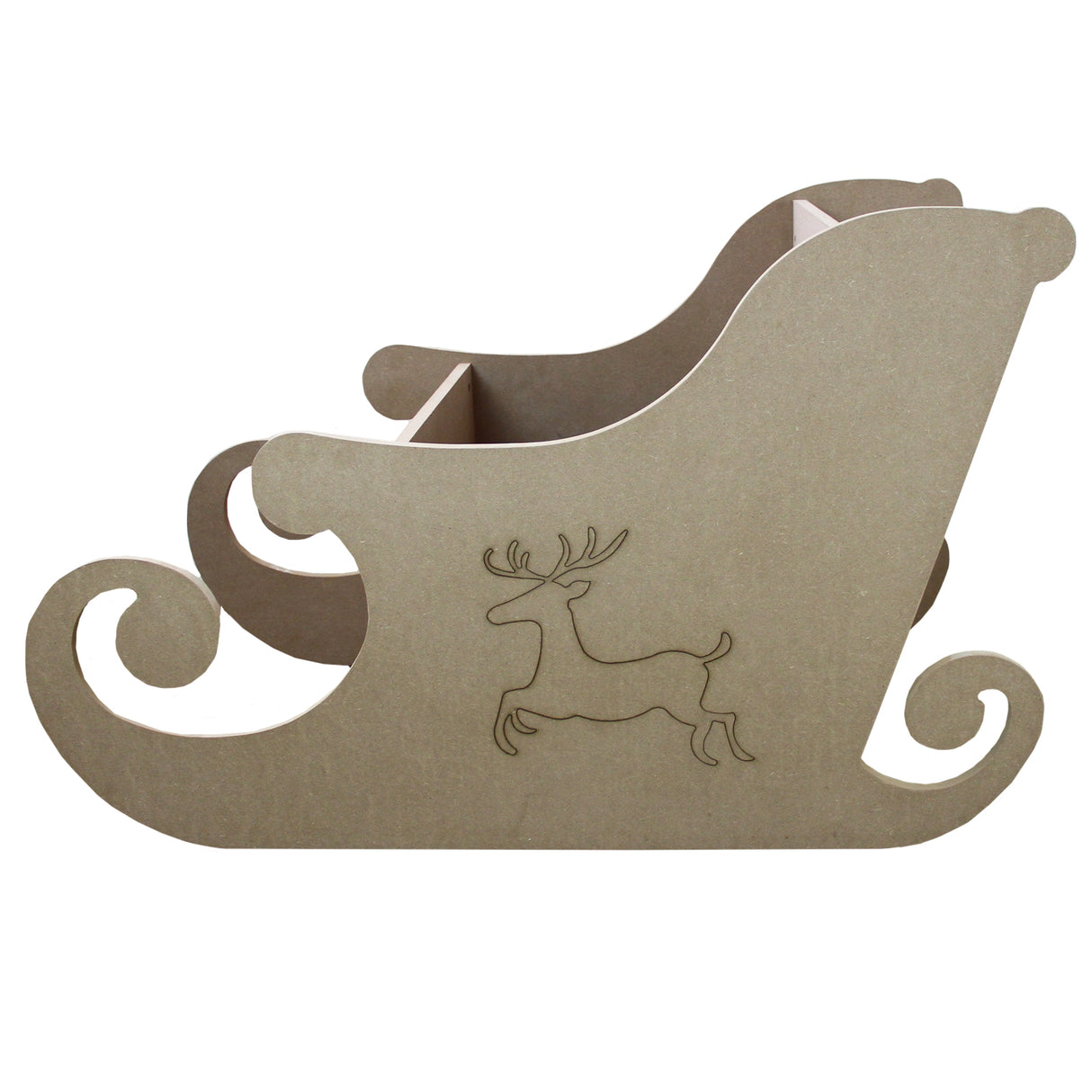 Traîneau du Père Noël en MDF naturel, décoré d'un renne gravé, avec des courbes élégantes et une finition lisse et rustique