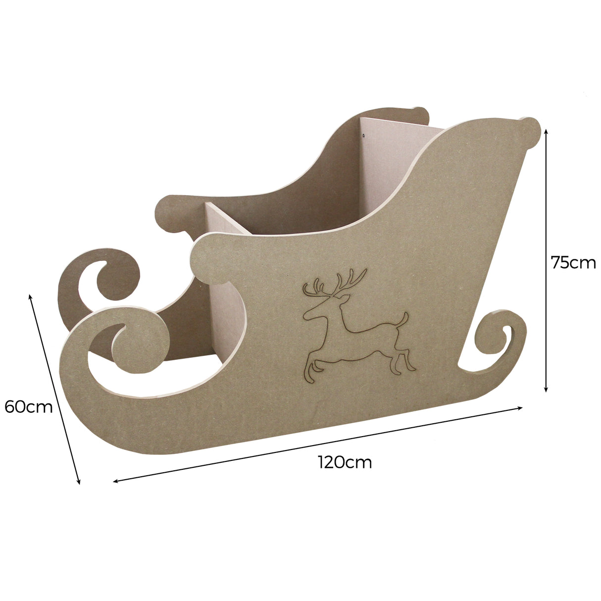 Traîneau du Père Noël en MDF naturel, couleur beige, avec des courbes élégantes et un motif de renne gravé, dimensions 120x60x75 cm