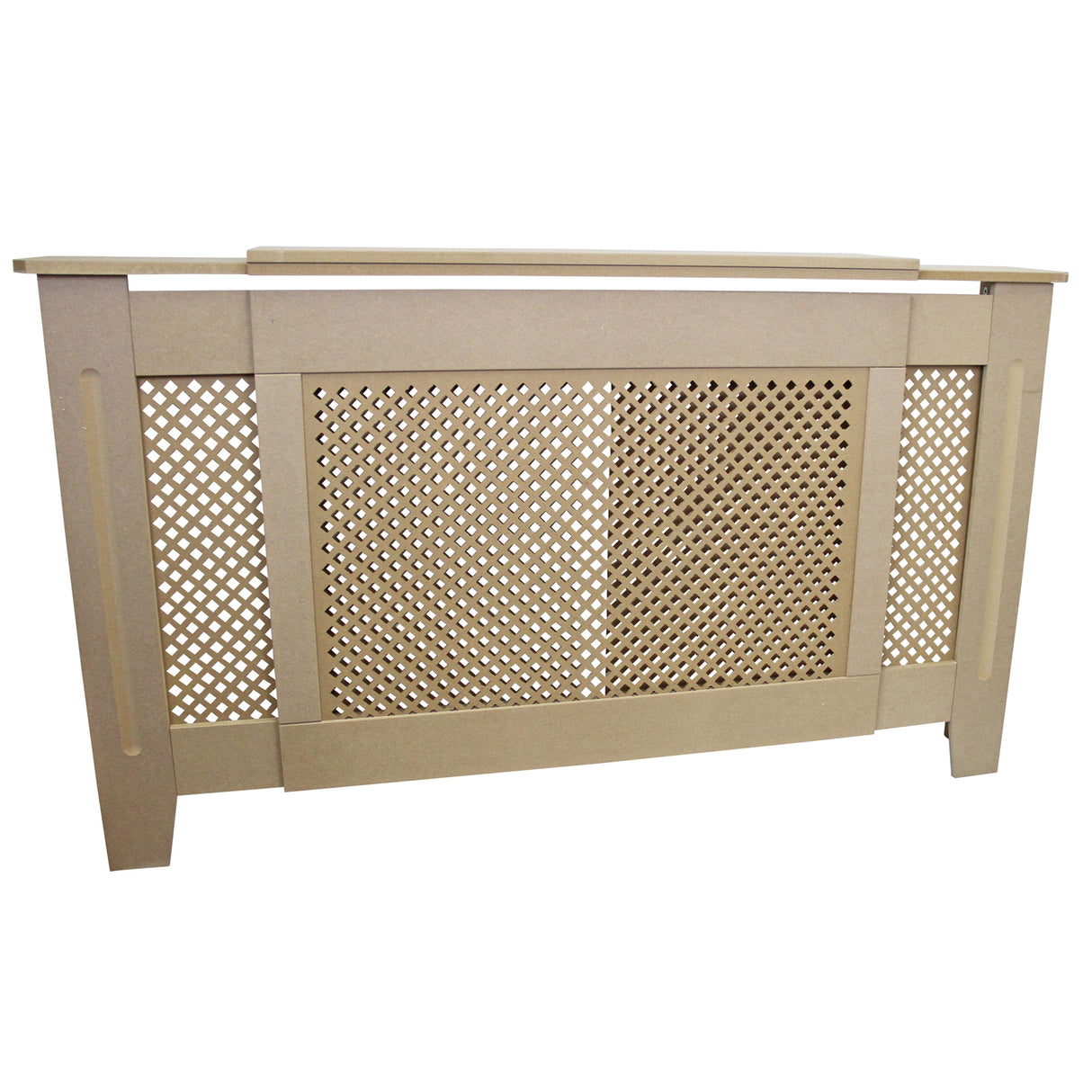 Cache radiateur en MDF naturel, ajustable de 140 cm à 192 cm, avec un design élégant et une texture en treillis ajouré beige clair