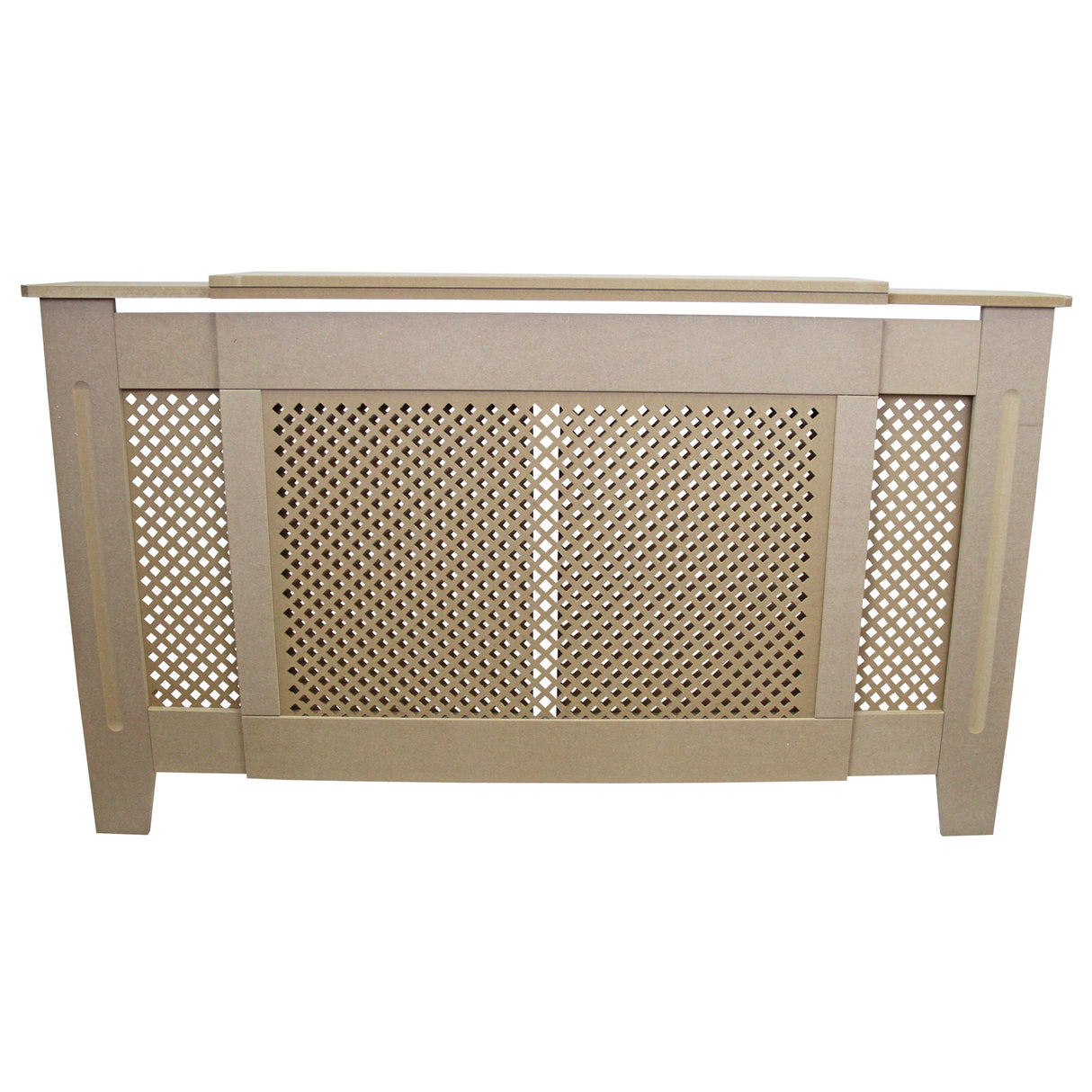 Cache radiateur en MDF naturel, ajustable de 140 cm à 192 cm, avec un design élégant et une texture perforée pour une ventilation optimale