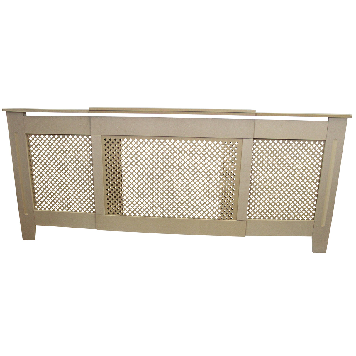 Cache radiateur en MDF naturel, ajustable de 140 cm à 192 cm, avec finition beige et design ajouré pour une ventilation optimale
