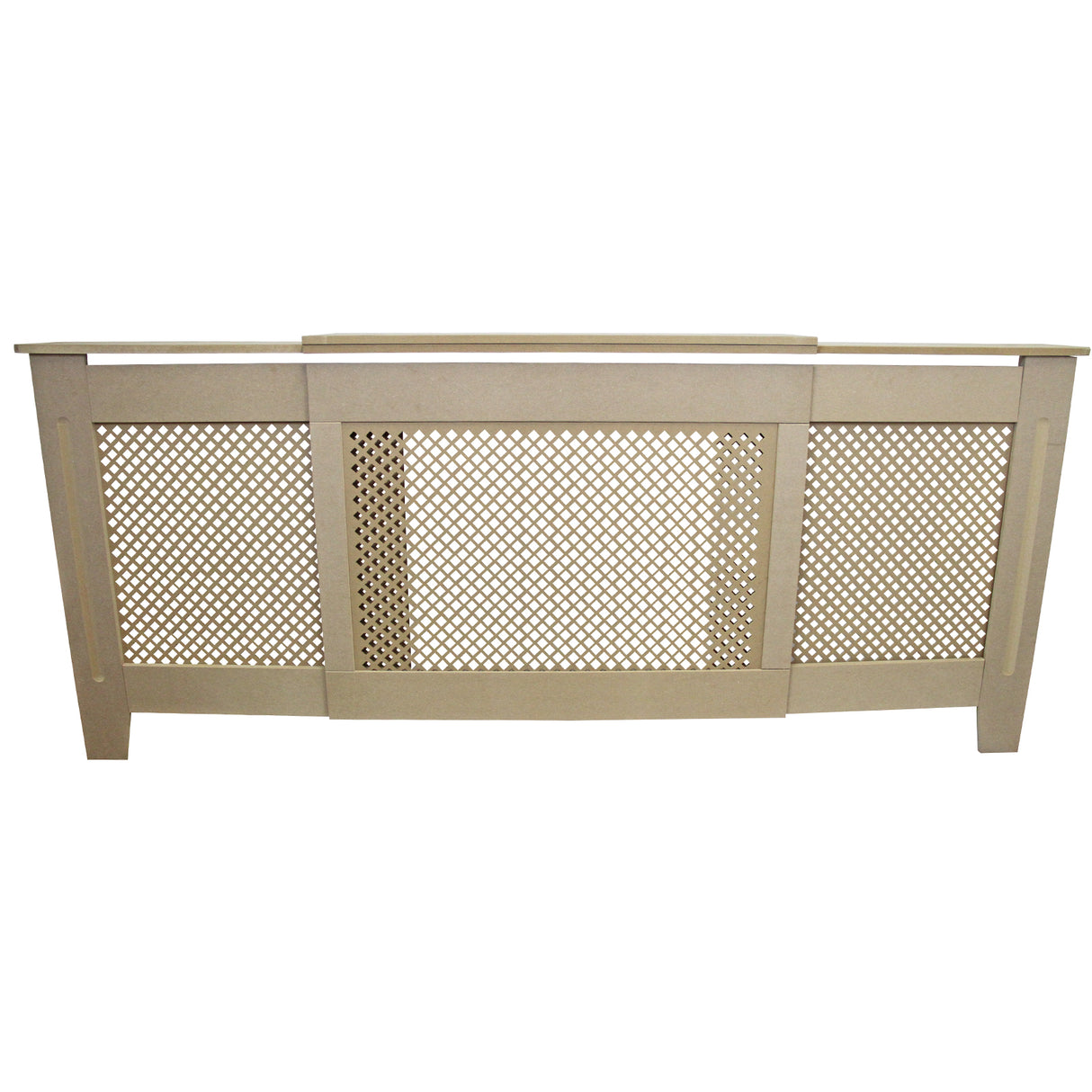 Cache radiateur ajustable en MDF naturel, couleur beige clair, avec un design ajouré et des bords lisses, mesure 140 cm à 192 cm