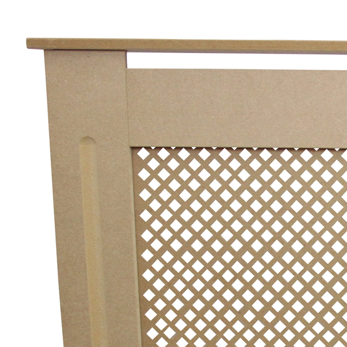Cache radiateur en MDF naturel, ajustable de 140 cm à 192 cm, avec un design en treillis et une finition lisse et claire