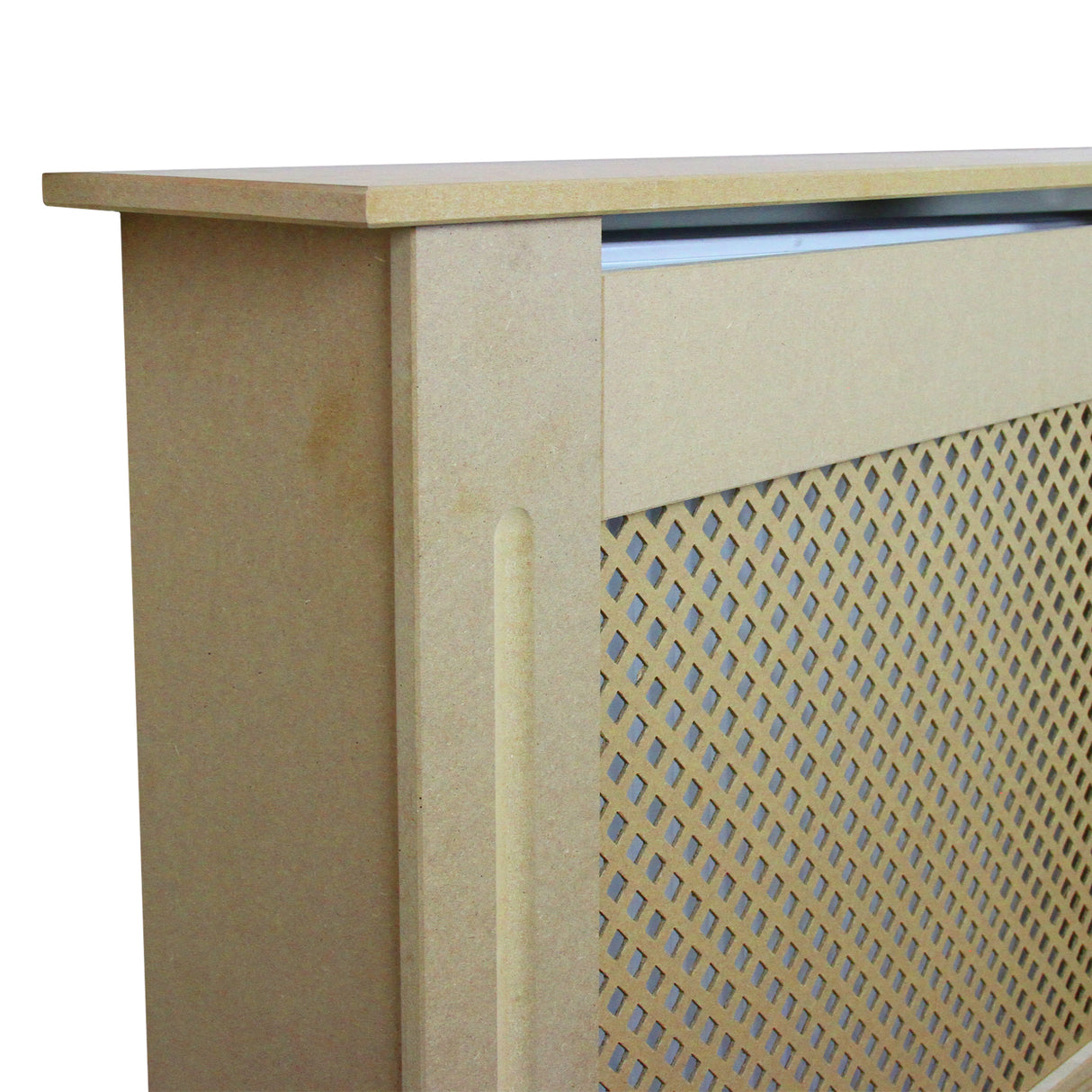 Cache radiateur en MDF naturel, ajustable de 140 cm à 192 cm, avec une finition lisse et un design ajouré élégant en couleur beige clair
