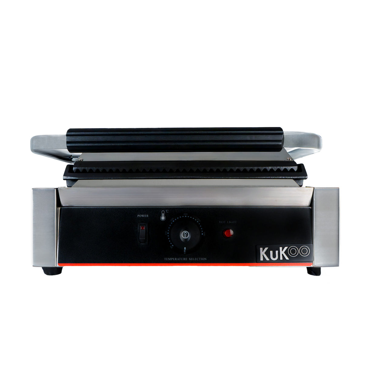 Presse à panini en acier inoxydable avec plaque rainurée, bouton de sélection de température et design compact élégant