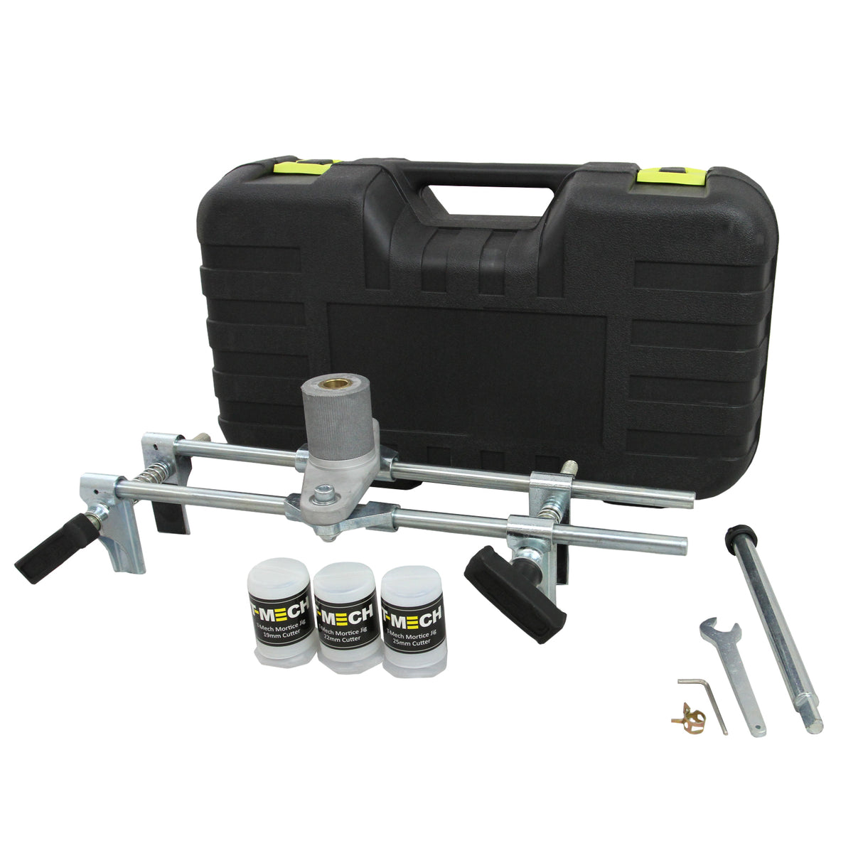 Mortaiseuse T-Mech avec 6 fraises, boîtier noir robuste, accessoires en métal argenté, idéal pour le travail du bois