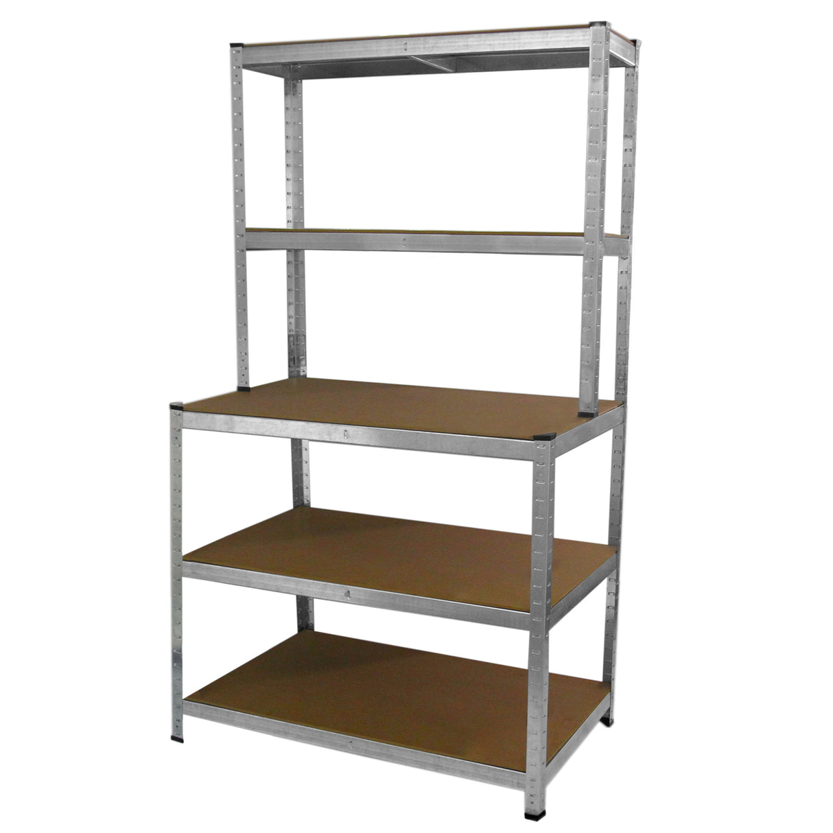 Établi de travail à étagères Galwix en acier galvanisé, avec quatre niveaux de rangement et surfaces brunes en bois, robuste et durable