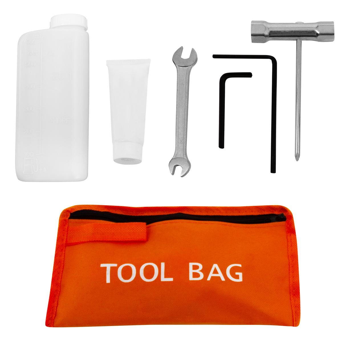 Sac à outils orange contenant un flacon, un tube, une clé à molette et des clés Allen, idéal pour un marteau-piqueur à essence