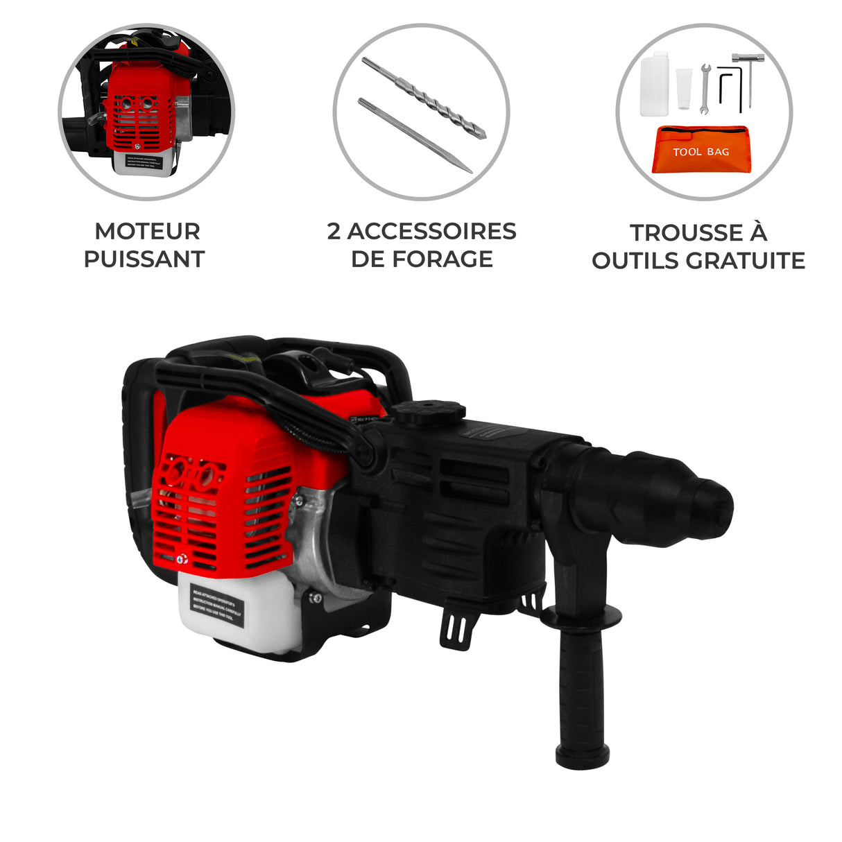Marteau-piqueur à essence rouge et noir, puissant, avec accessoires de forage et trousse à outils gratuite, design ergonomique