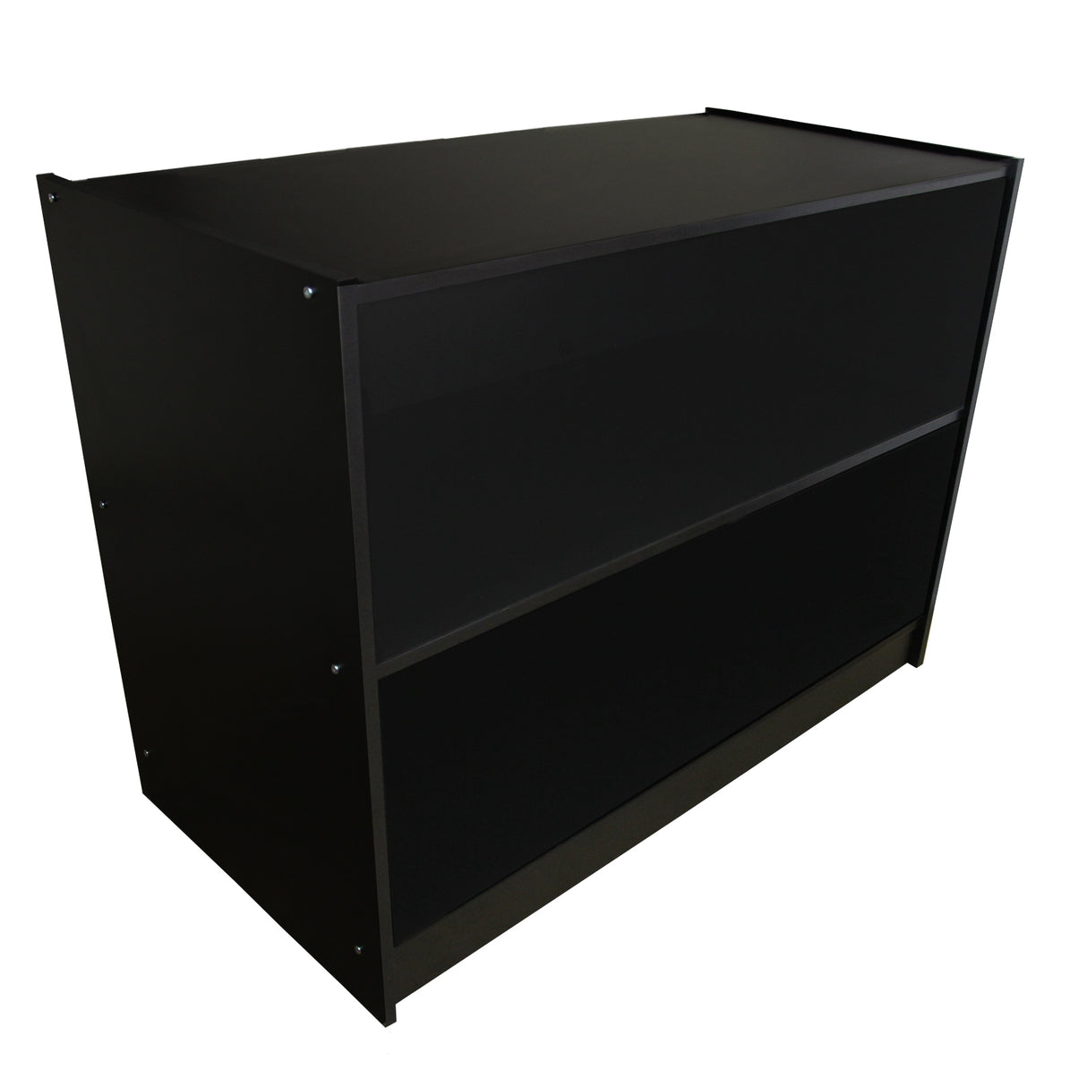 Comptoir de vente noir A1200, design moderne avec finition mate, deux étagères ouvertes et structure robuste en métal