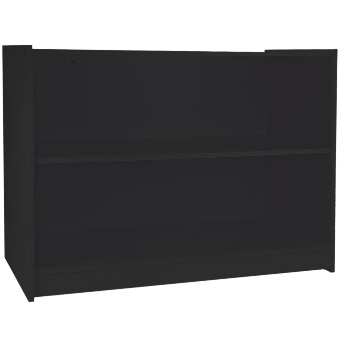 Comptoir de vente noir A1200, meuble en bois avec deux étagères ouvertes, finition mate et design moderne, idéal pour le rangement