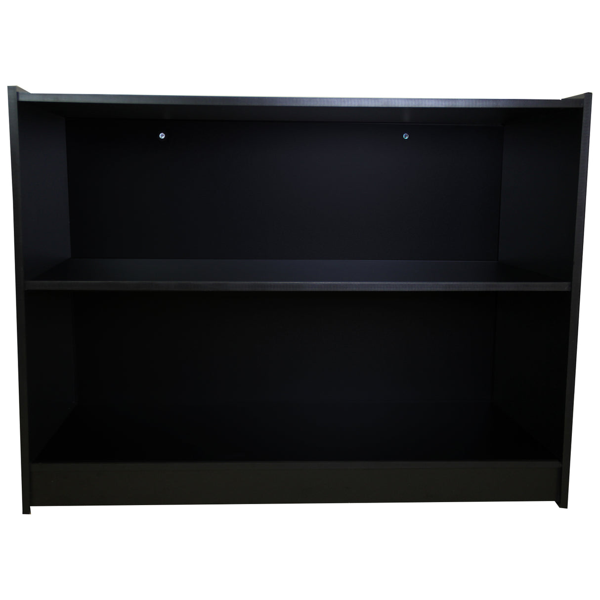 Comptoir de vente noir A1200, meuble en bois avec deux étagères ouvertes, finition lisse et moderne, idéal pour le rangement