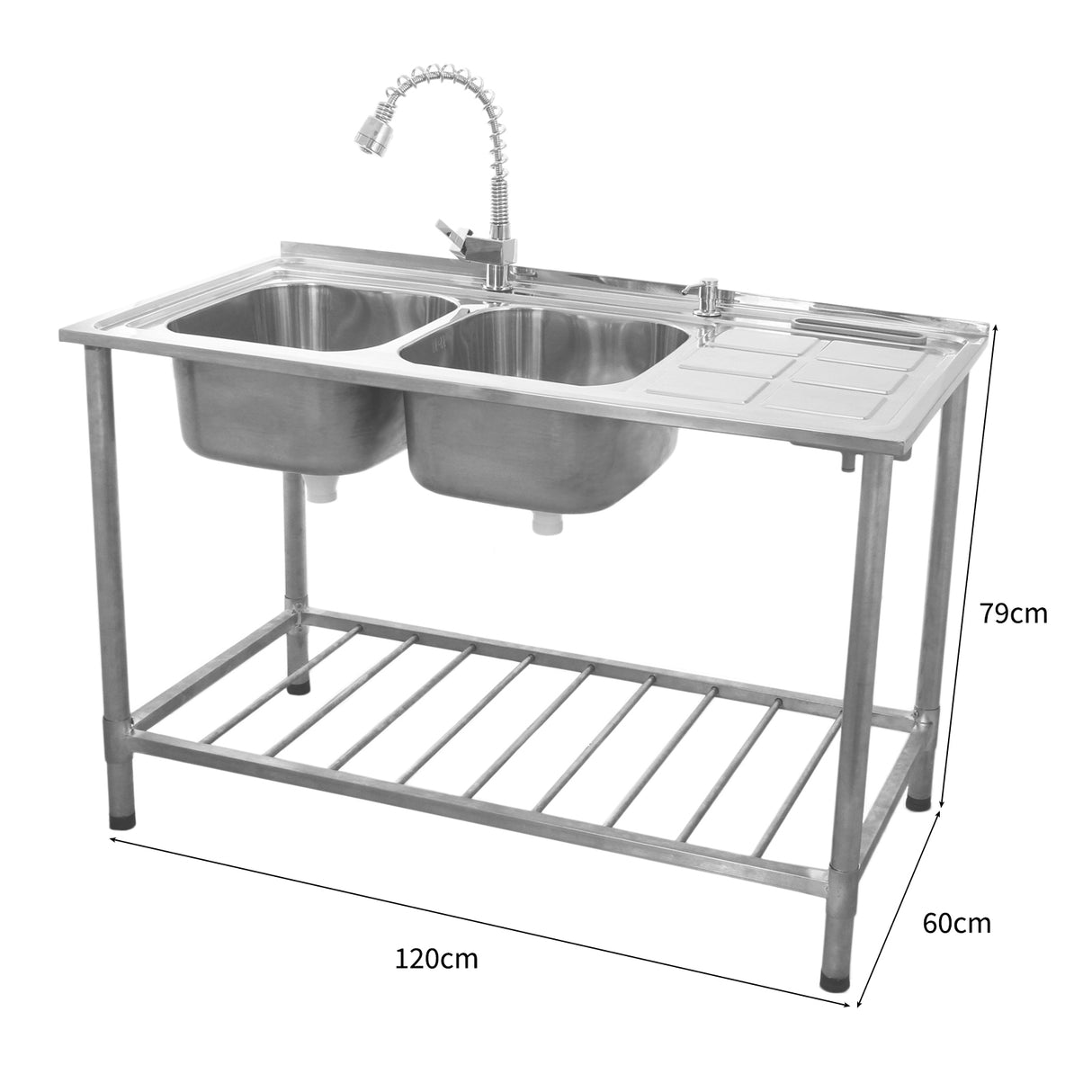 KuKoo Évier Commercial en Inox sur Pied à 2 Cuves – Égouttoir à Droite