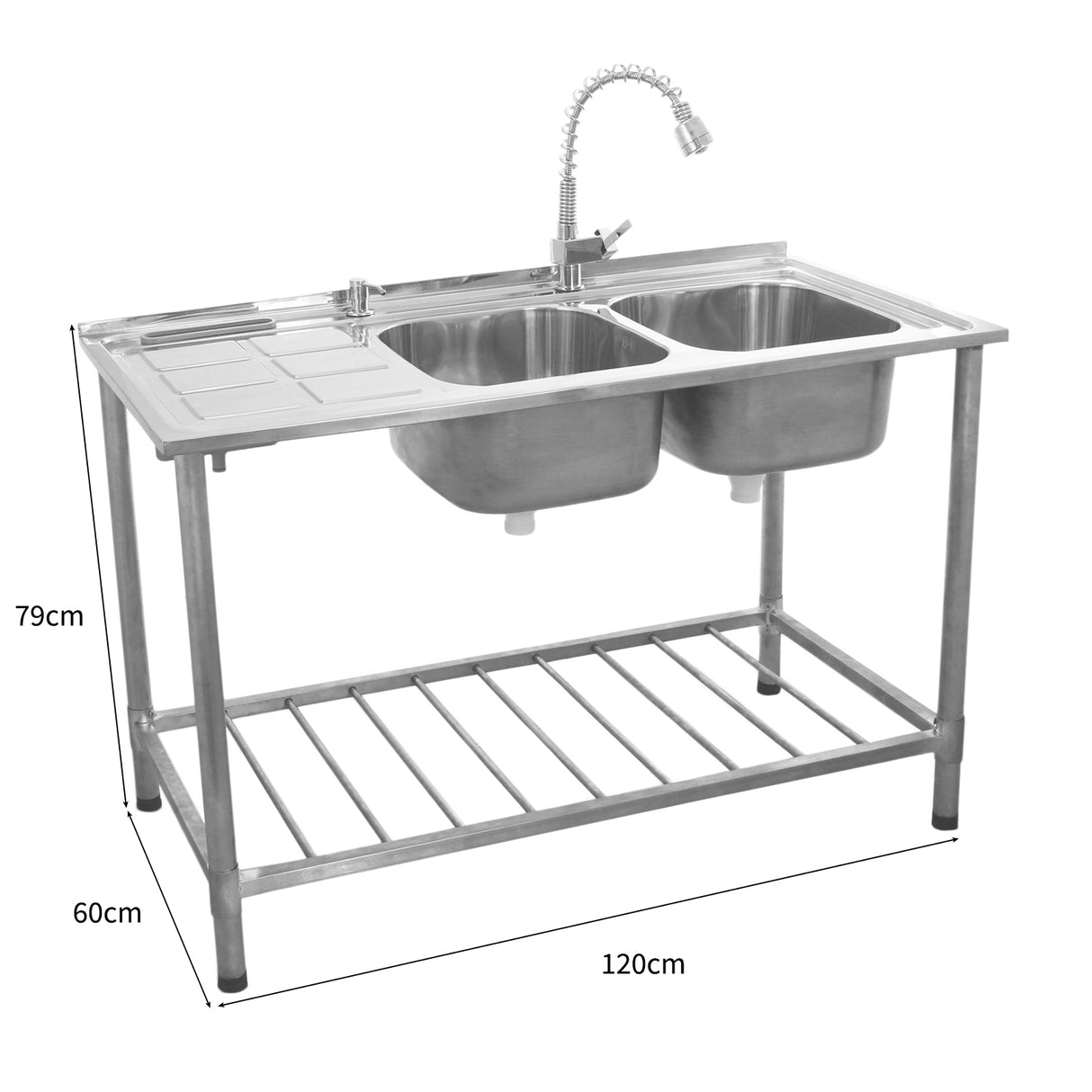KuKoo Évier Commercial en Inox sur Pied à 2 Cuves – Égouttoir à Gauche