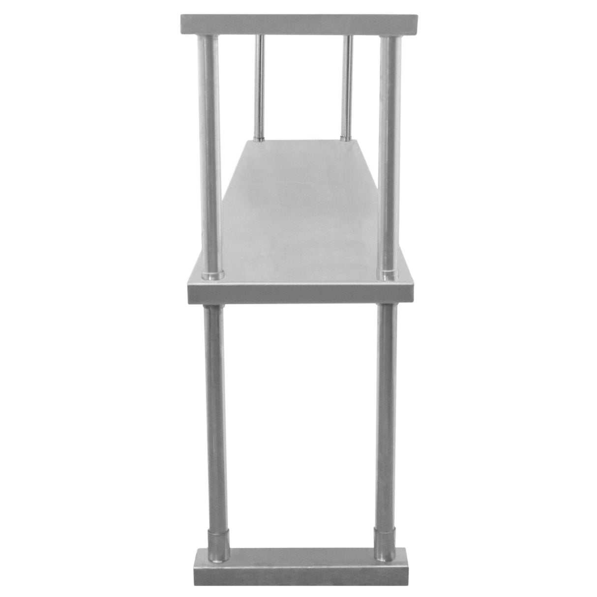 Étagère d'appoint à deux niveaux en métal argenté, avec une surface lisse et des pieds robustes, idéale pour le rangement moderne