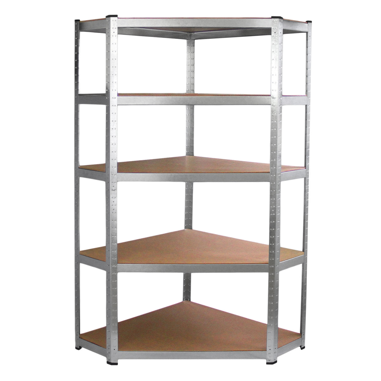 Rayonnage d'angle en acier galvanisé, 5 étagères en bois, finition lisse, design robuste et moderne, idéal pour le rangement efficace