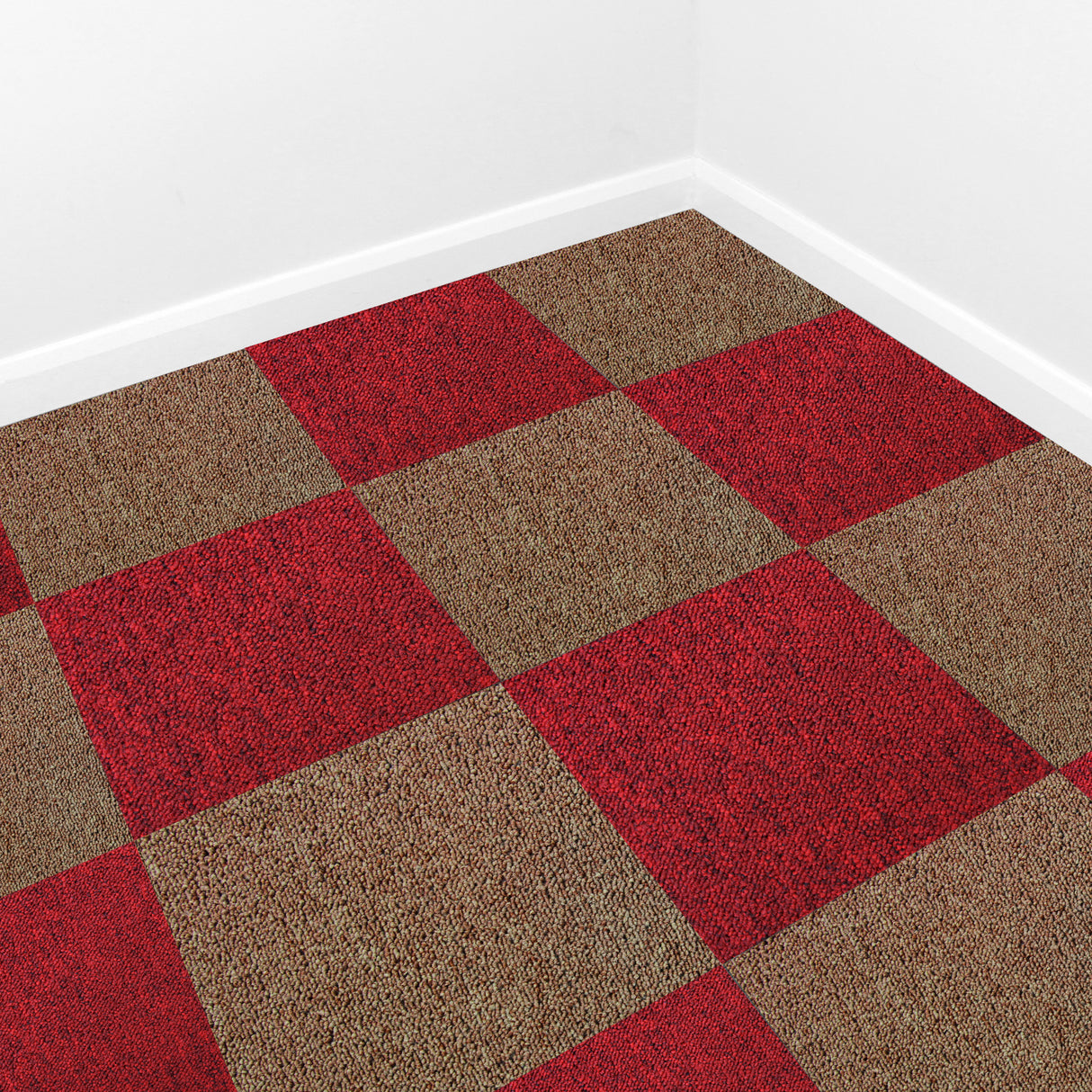 Dalles de moquette brun sable en carreaux de 50cm, texture douce, motifs carrés alternés, idéal pour un intérieur chaleureux et moderne