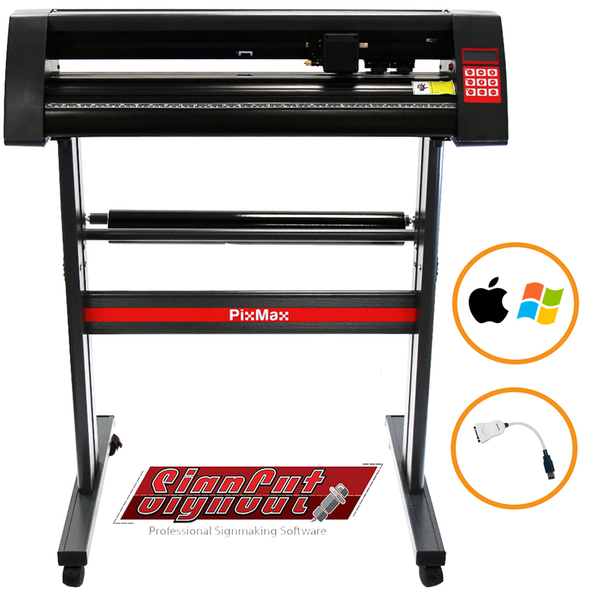 Plotter de découpe vinyle PixMax 72 cm avec rouleau, logiciel SignCut Pro, compatible Windows et Mac, design noir et rouge
