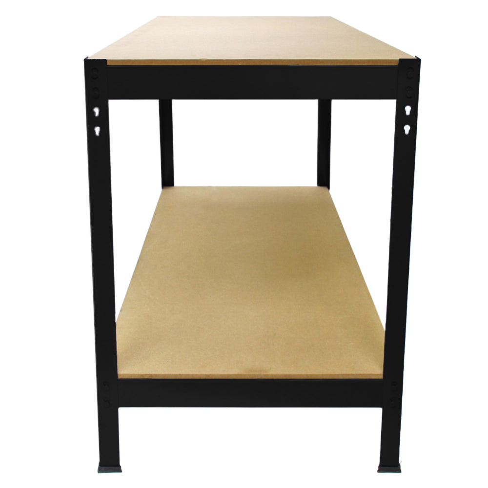 Établi de travail Q-Rax en acier noir avec surface en MDF beige, design robuste, dimensions de 120 cm, idéal pour l'atelier