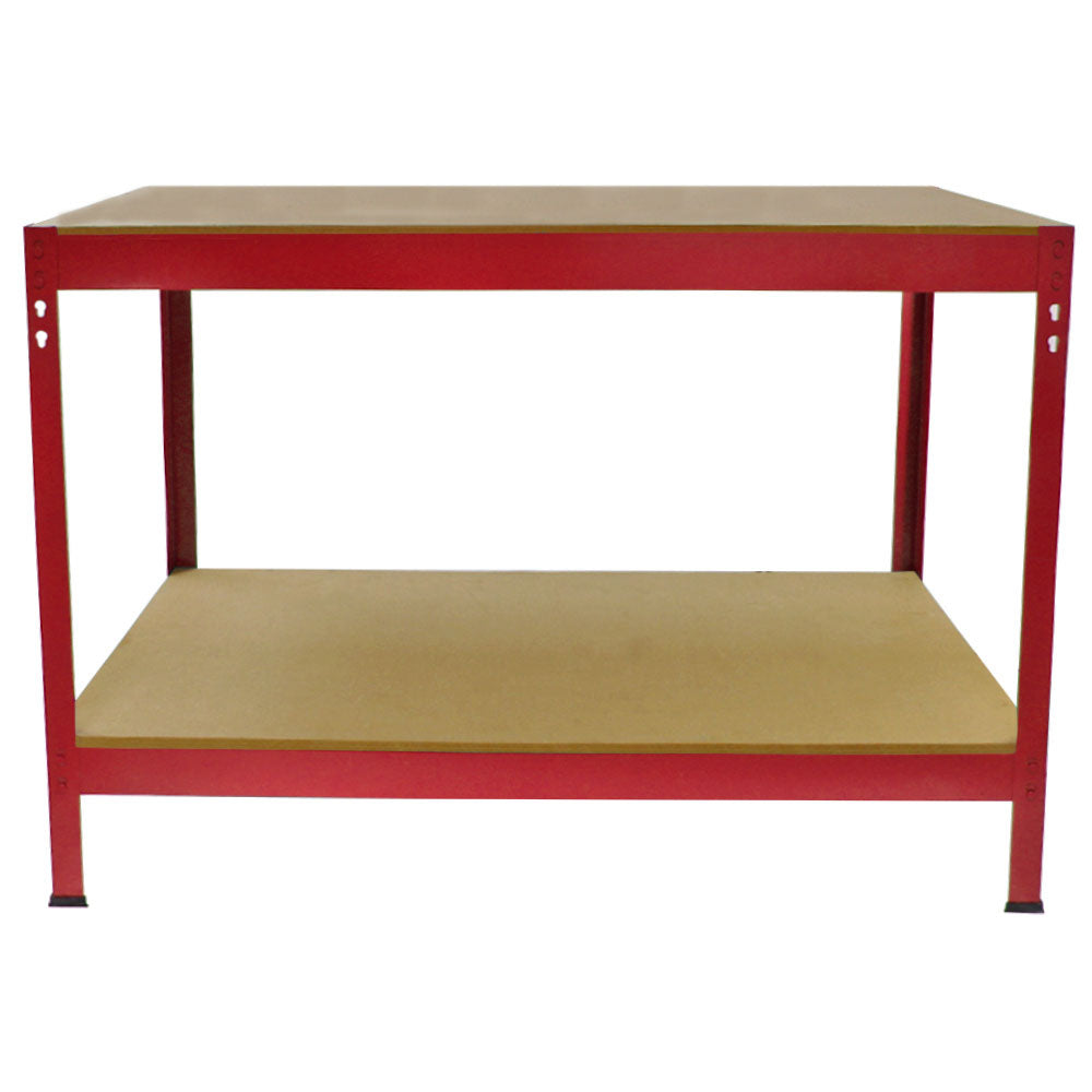 Établi de travail en acier rouge avec deux niveaux, surface en bois aggloméré, design robuste et moderne, idéal pour l'atelier