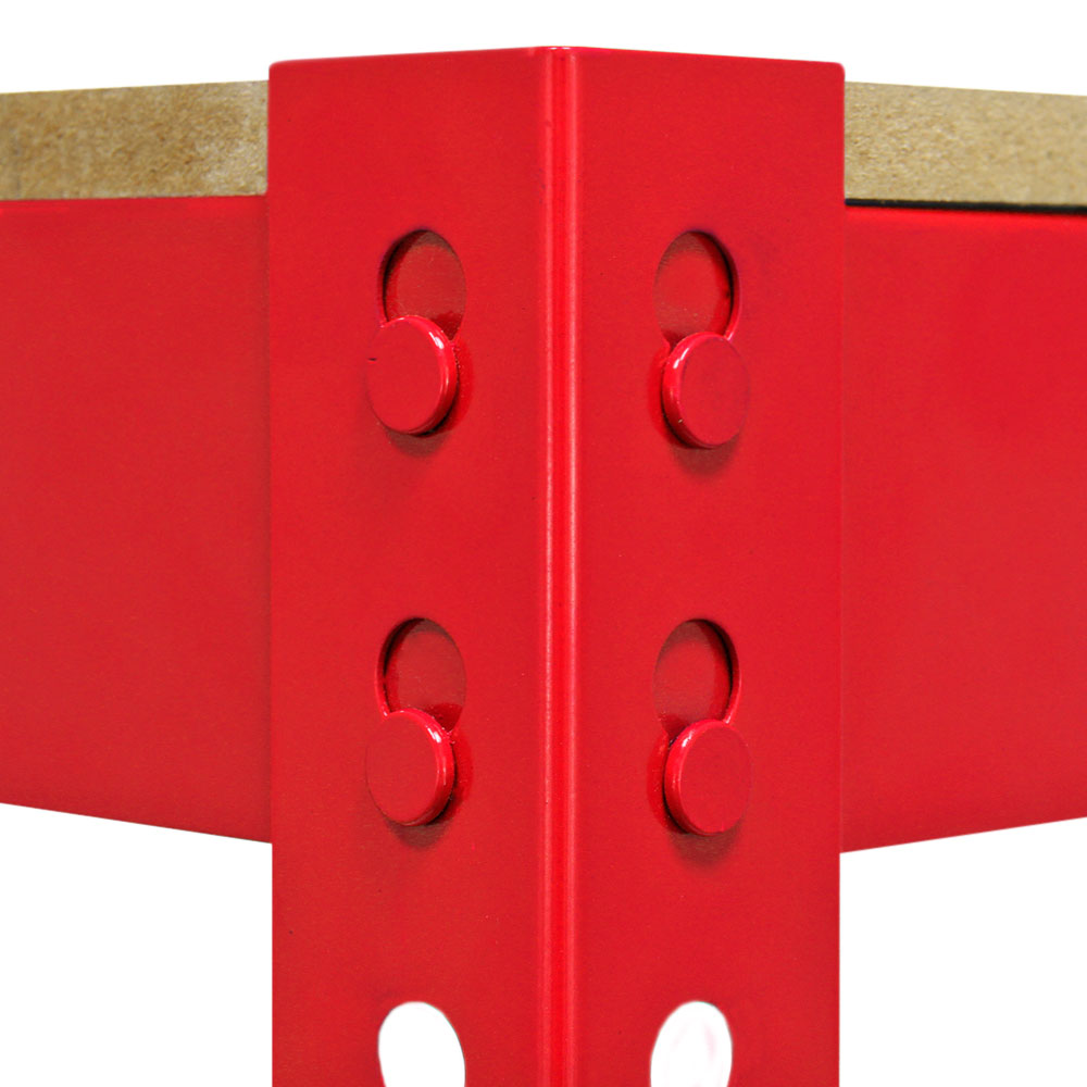 Établi de travail Q-Rax en acier rouge, avec coins renforcés, surface en bois, offrant robustesse et style pour l'atelier
