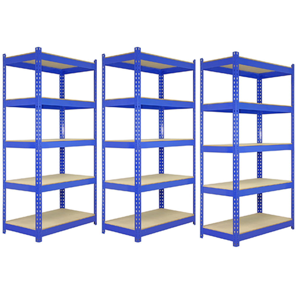 Rayonnages Q-Rax en acier bleu, trois étagères avec six niveaux chacun, surface en bois clair, robuste et spacieux pour le rangement