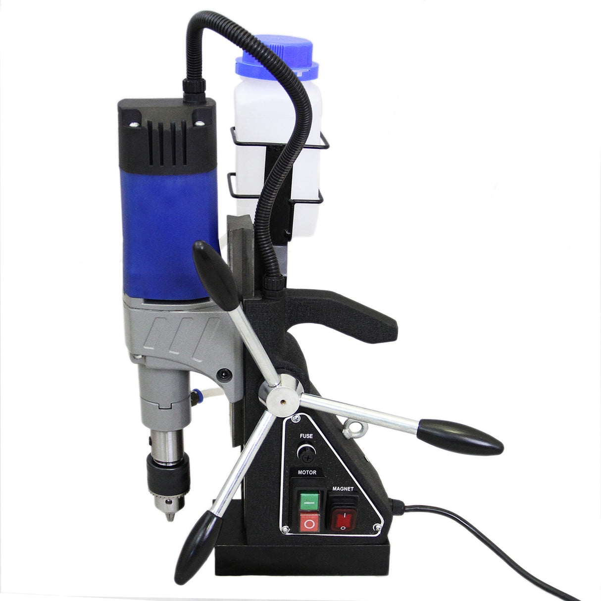 Perceuse carotteuse magnétique avec moteur bleu, réservoir transparent, boutons de contrôle et base robuste en métal noir